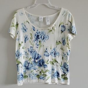 Vintage Emma James Blue and Cream Floral Knitted Short Sleeve Top With Bow Sz L